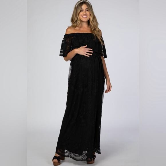 PinkBlush Off Shoulder Lace Overlay Maxi Black Dress Size S - Picture 6 of 16